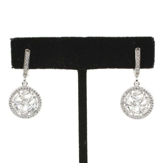 Elegant 925 Sterling Silver Round Baguette Zircon Dangle Earrings