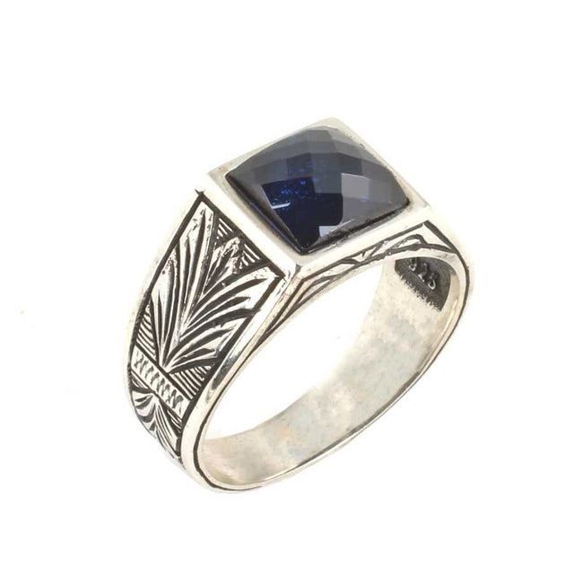 Premium Sterling Silver Synthetic Sapphire Mens Ring