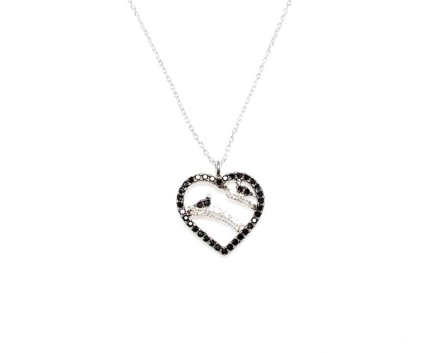 925 Sterling Silver Heart & Bird Necklace with Black Zircon Frame