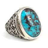 Sterling Silver Men's Ring - Oval Real Turquoise & Hand-Engraved