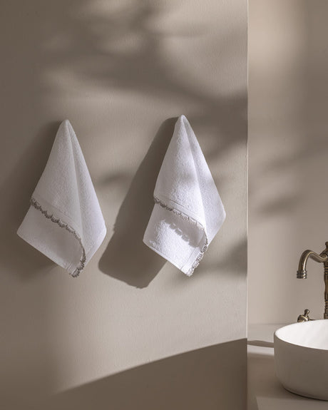 Crochet Trim 100% Cotton Hand Towel Set - White & Gray 2-Pack