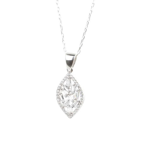 Sterling Silver Navette Pendant Necklace - Zircon Baguette Stones