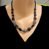 925 Sterling Silver Oval Onyx Necklace - Three Antique Accents