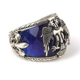 925 Sterling Silver Ottoman Eagle Men's Ring - Handcrafted Synthetic Sapphire