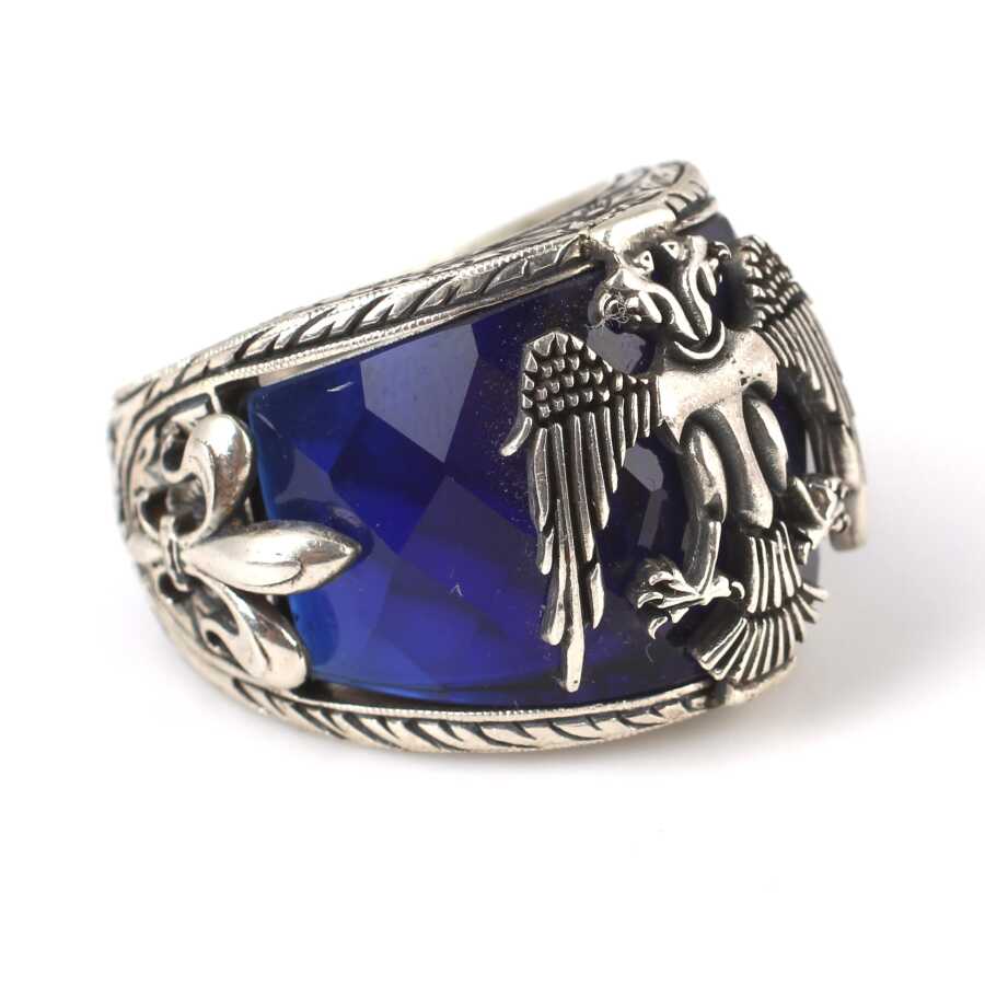 925 Sterling Silver Ottoman Eagle Men's Ring - Handcrafted Synthetic Sapphire