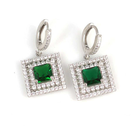 Sterling Silver Emerald Zircon Double Halo Square Earrings