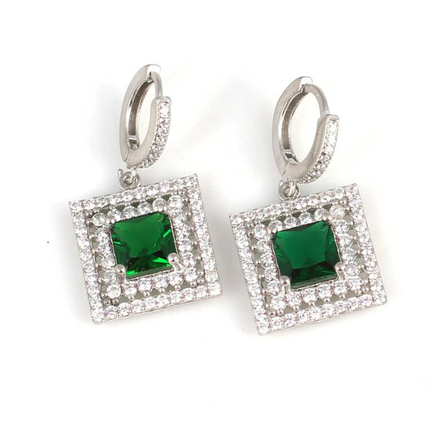 Sterling Silver Emerald Zircon Double Halo Square Earrings