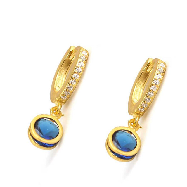 Yellow-Tone 925 Sterling Silver Dangle Hoop Earrings with Synthetic Sapphire & CZ