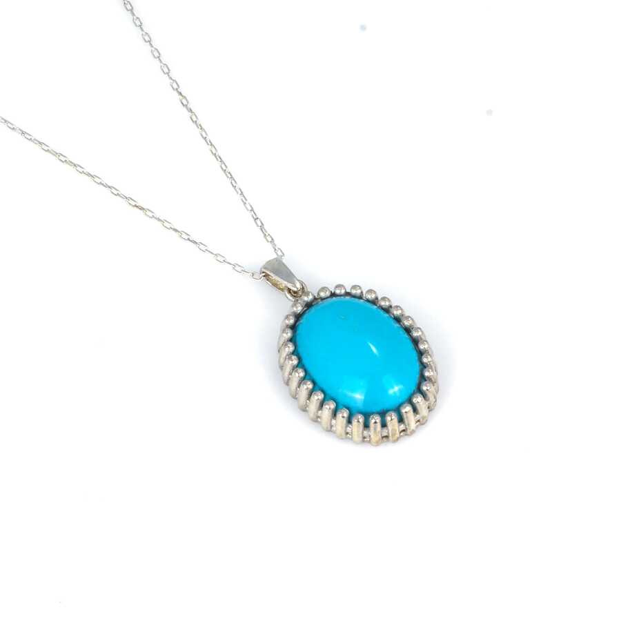 Sterling Silver Oval Turquoise Pendant Necklace - Classic Design