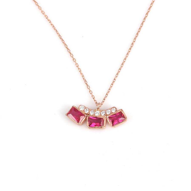 Sterling Silver Three-Stone Zircon Necklace - Rose-Tone Finish