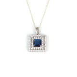 925 Sterling Silver Double Row Halo Square Sapphire Zircon Necklace