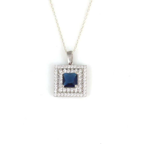 925 Sterling Silver Double Row Halo Square Sapphire Zircon Necklace