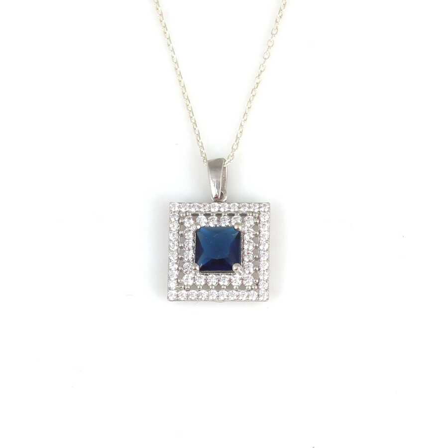 925 Sterling Silver Double Row Halo Square Sapphire Zircon Necklace
