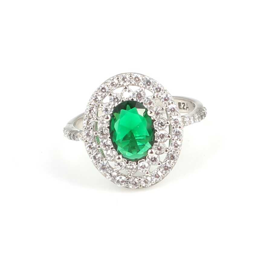 925 Sterling Silver Oval Emerald Zircon Double Halo Ring