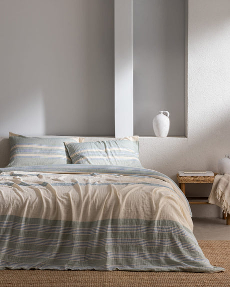 Twin Muslin Yarn-Dyed Bedding Set with Fitted Sheet - Blue & Green