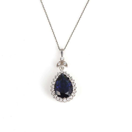 Sterling Silver Teardrop Zircon & Synthetic Sapphire Halo Necklace
