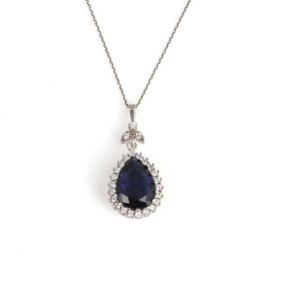 Sterling Silver Teardrop Zircon & Synthetic Sapphire Halo Necklace