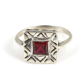 Sterling Silver Garnet Square Ring - Modern Geometric Style