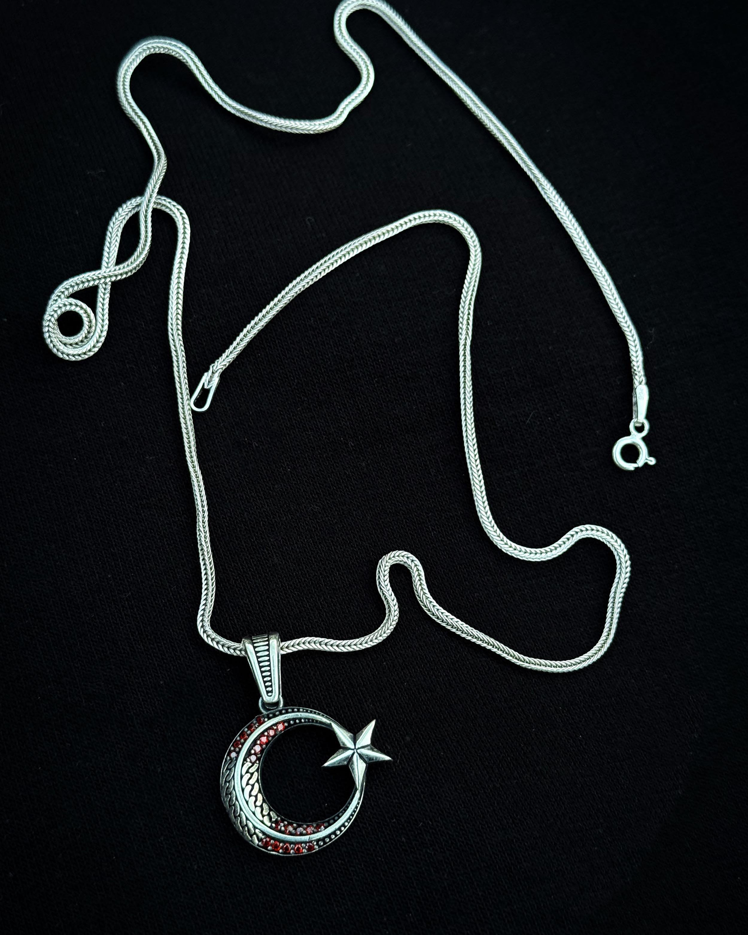 Sterling Silver Minimal Crescent & Star Necklace with Red Stone