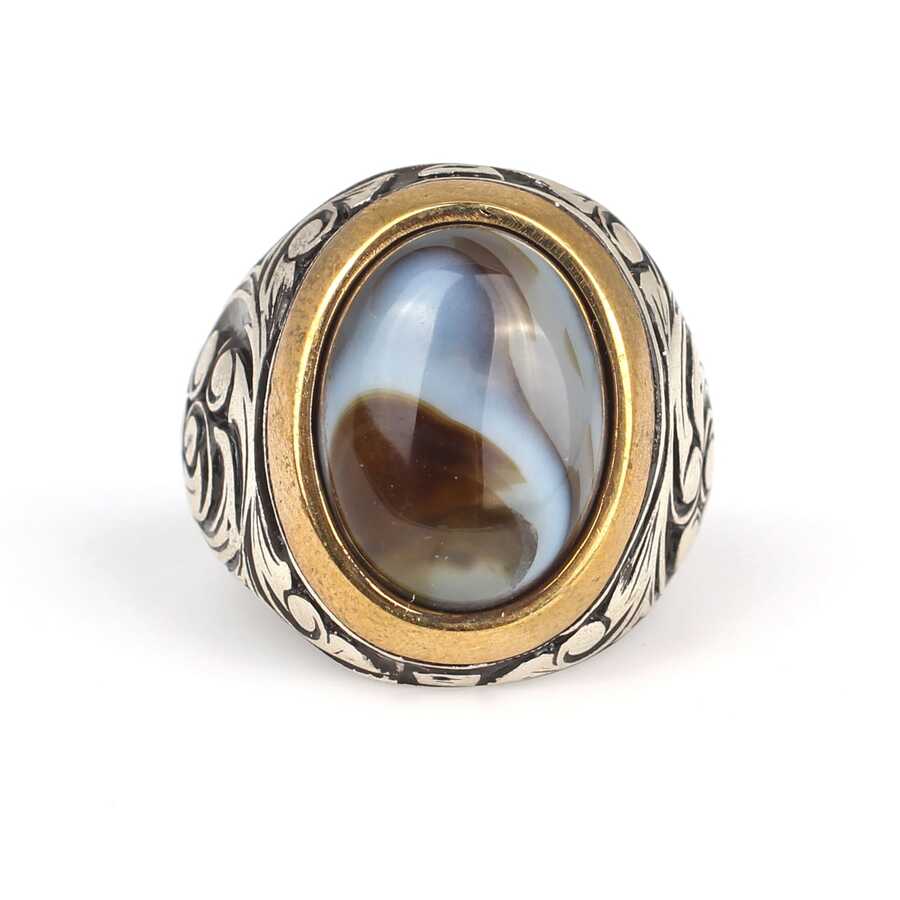 925 Sterling Silver Men's Ring - Yemen Agate, Bronze Setting