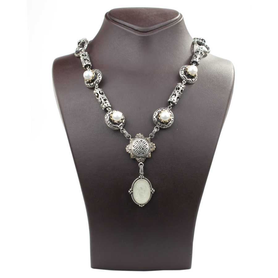 Sterling Silver Enamel Pearl Byzantine Necklace - Constantin Design