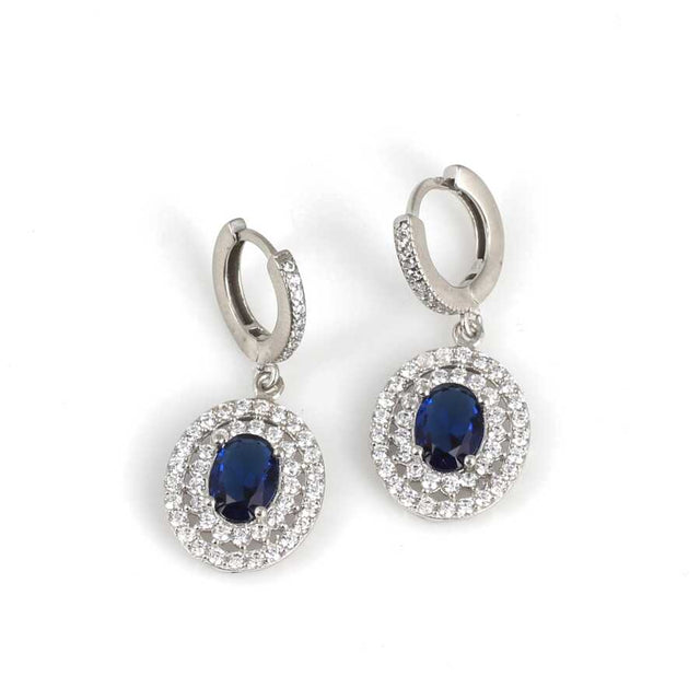 Exquisite 925 Sterling Silver Double Row Antourage Oval Sapphire Earrings
