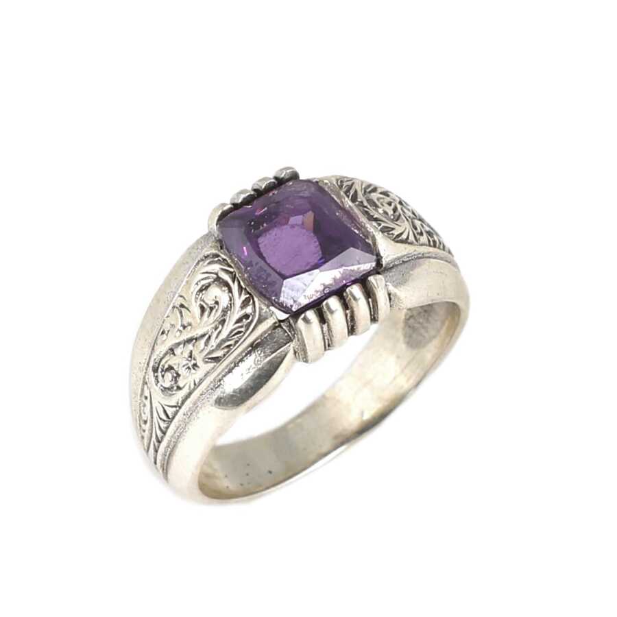 Sterling Silver Emerald Cut Amethyst Patterned Mens Ring