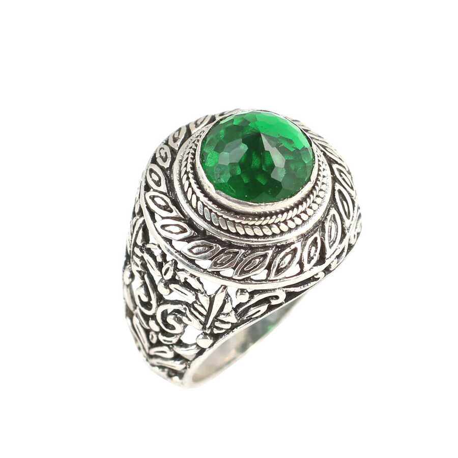 925 Sterling Silver Men's Ring - Round Green Zircon Faceted Stone