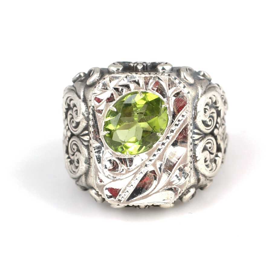 Hand-Engraved 925 Sterling Silver Peridot Men's Statement Ring