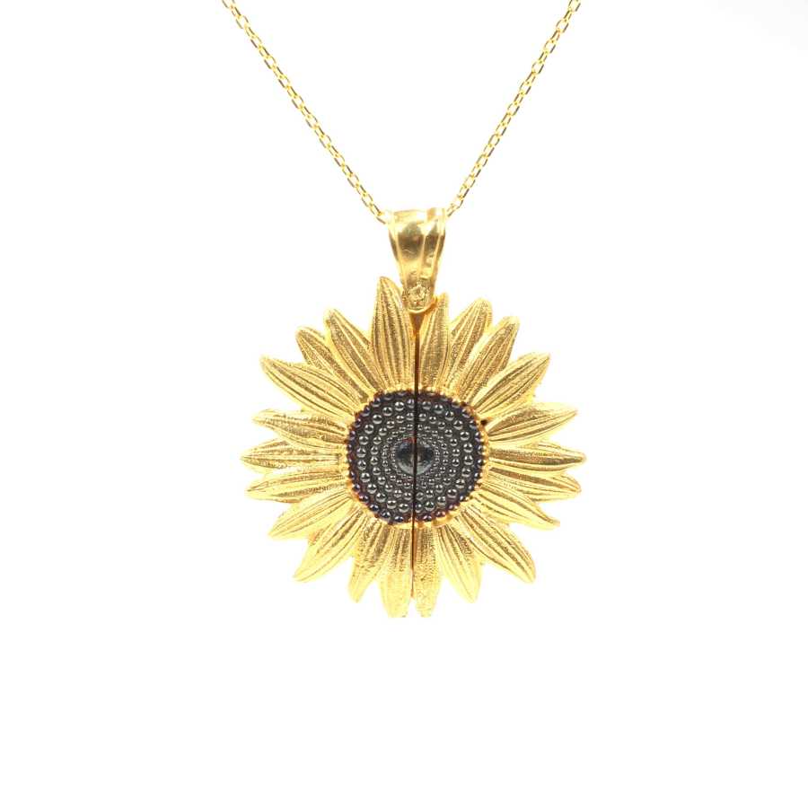 Gold-Plated Sterling Silver Openable Sunflower Engravable Locket Necklace