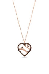 925 Sterling Silver Heart & Bird Necklace with Black Zircon Frame