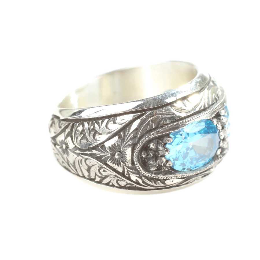 Sterling Silver Hand-Engraved Men's Ring with Three Aquamarine Stones