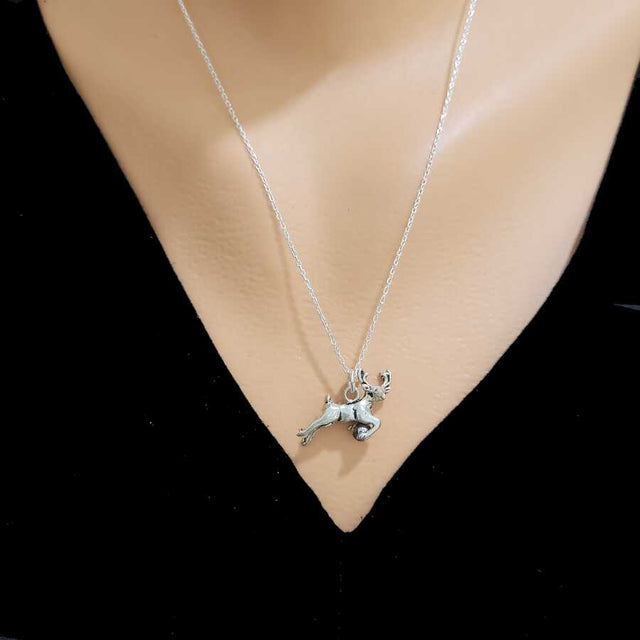925 Sterling Silver - Graceful Running Deer Pendant Necklace