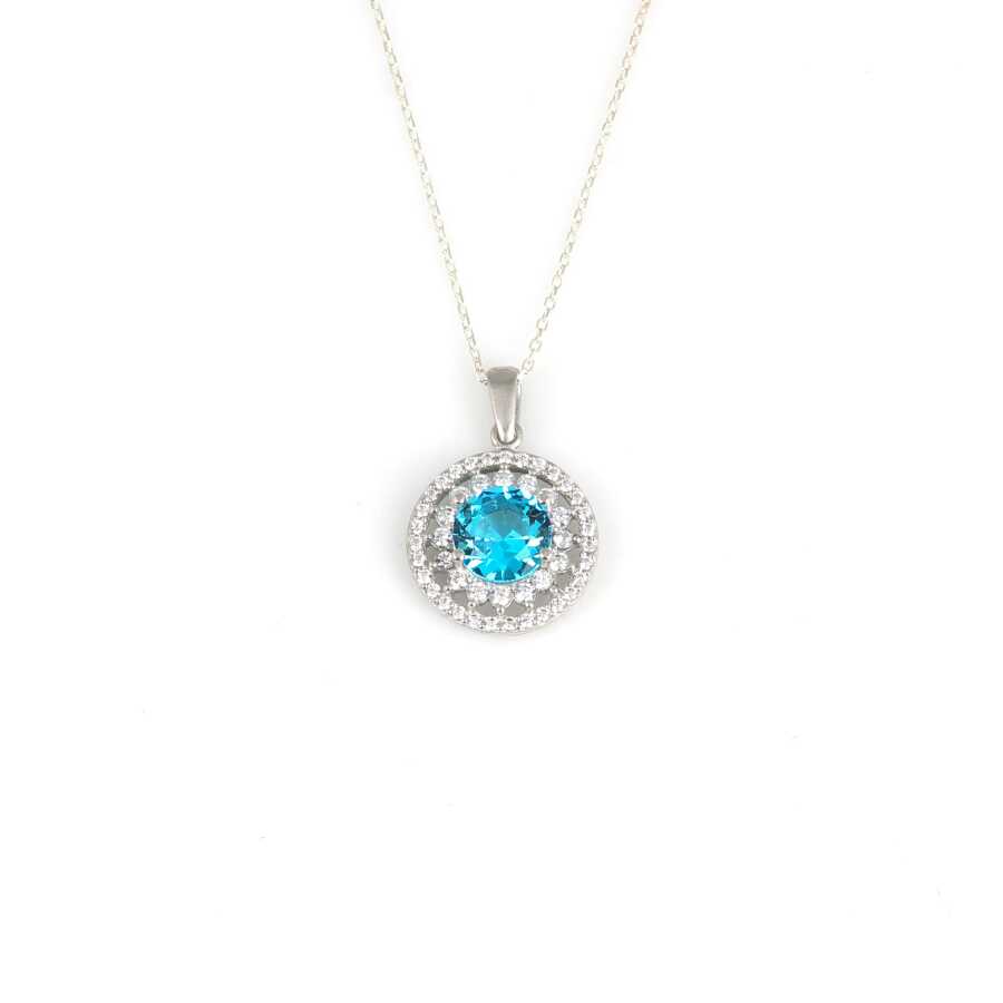 925 Sterling Silver Double Row Halo Aquamarine Zircon Necklace