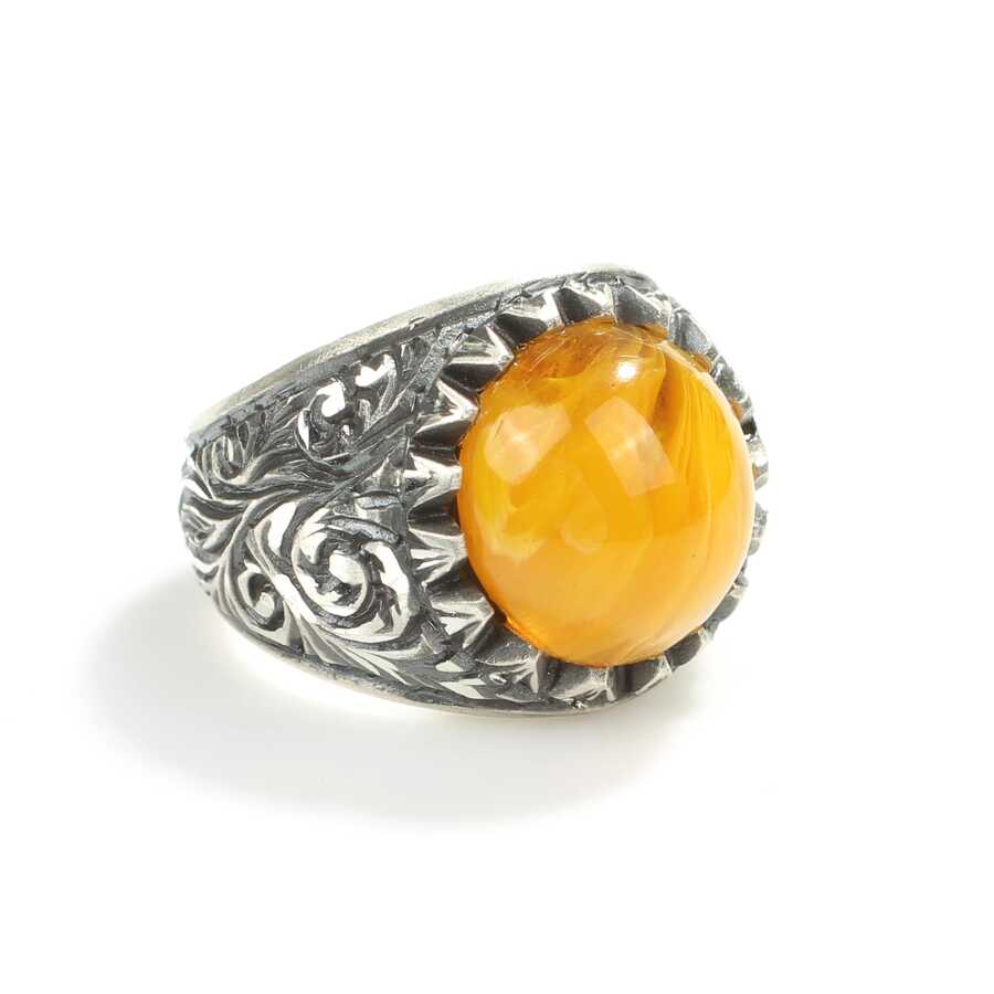 Sterling Silver Men's Ring - Round Pressed Amber & Hand-Engraved
