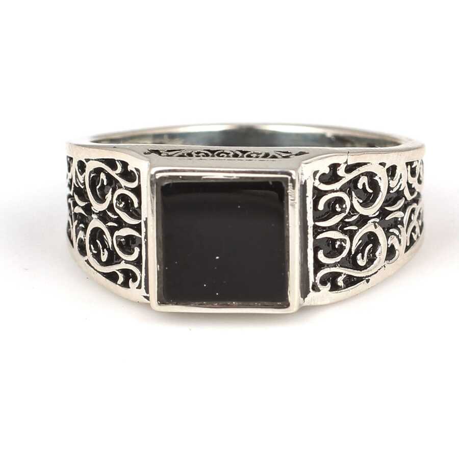 925 Sterling Silver Men's Ring with Black Square Onyx Stone