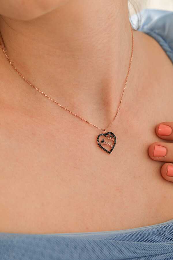 925 Sterling Silver Heart & Bird Necklace with Black Zircon Frame