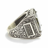 Anillo para hombre de plata de ley 925 con peridoto - Contorno doble cuadrado