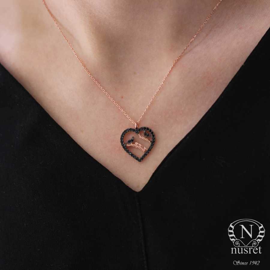925 Sterling Silver Heart & Bird Necklace with Black Zircon Frame