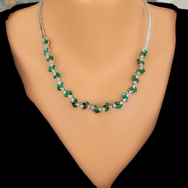 Sterling Silver Lotus Flower Waterway Necklace with Green & White Zircon