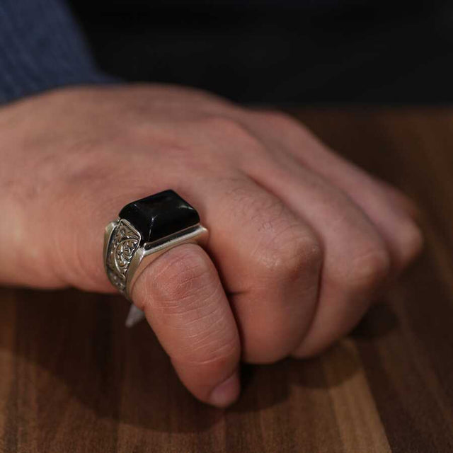 Sterling Silver Black Onyx Men's Ring - Bold Rectangular Design