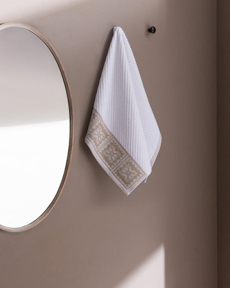 100% Cotton Face & Hand Towel - Soft, Absorbent - White/Beige