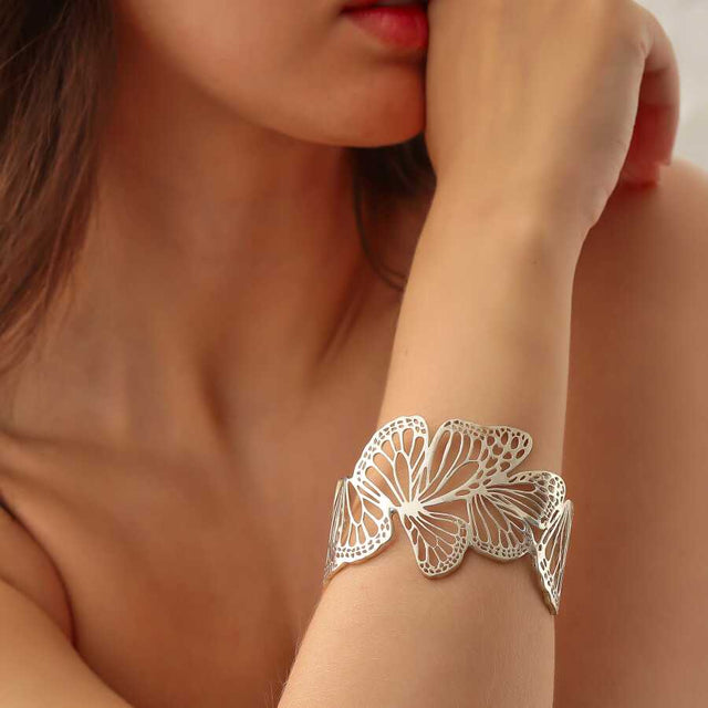 925 Sterling Silver Wide Butterfly Open Cuff Bangle Bracelet