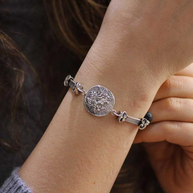 925 Sterling Silver Lava Stone Hinged Bracelet - Caesar Medallion