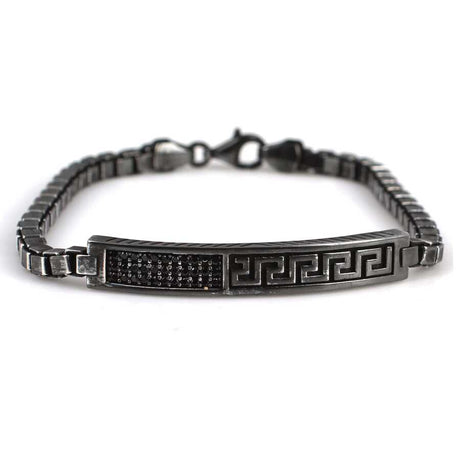 Premium 925 Sterling Silver Onyx Greek Motif Chain Bracelet