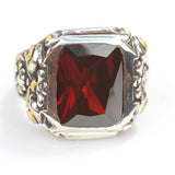 Sterling Silver Men's Ring - Hand-Engraved Column & Faceted Red Ruby