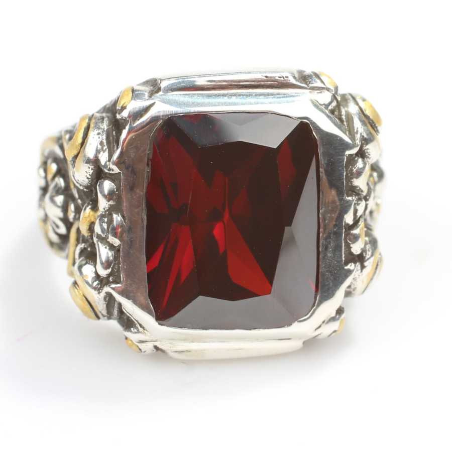 Sterling Silver Men's Ring - Hand-Engraved Column & Faceted Red Ruby