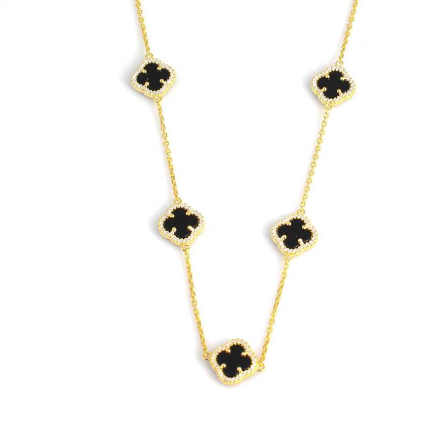 Premium 925 Sterling Silver Zircon Clover Onyx Necklace