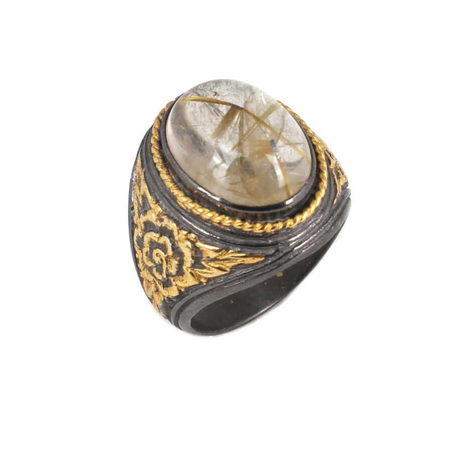 Sterling Silver Rutilated Quartz Men's Ring - Hand-Engraved Rose Design