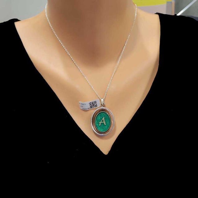 Premium 925 Sterling Silver Double Sided Green Enamel Letter Necklace